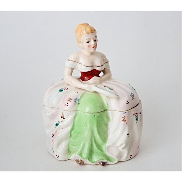 Vintage Victorian Lady Trinket Box Hand Painted Ceramic Dresser Box Boudoir 1940 - Picture 2 of 6